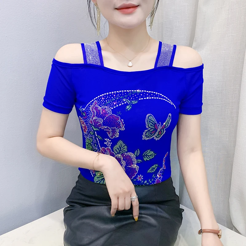 M-3XL Summer Short Sleeved Women's T-Shirt Fashion Bluses Sexy Slash Neck Off The Shoulder Tees Mesh Tops