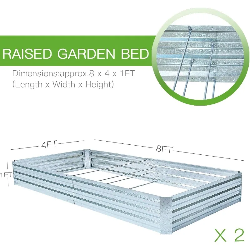 Raised Garden Beds for Vegetables Large Metal Planter Box Steel Kit Flower Herb (8 x 4 x 1 ft * 2 Pack, Galvanized)