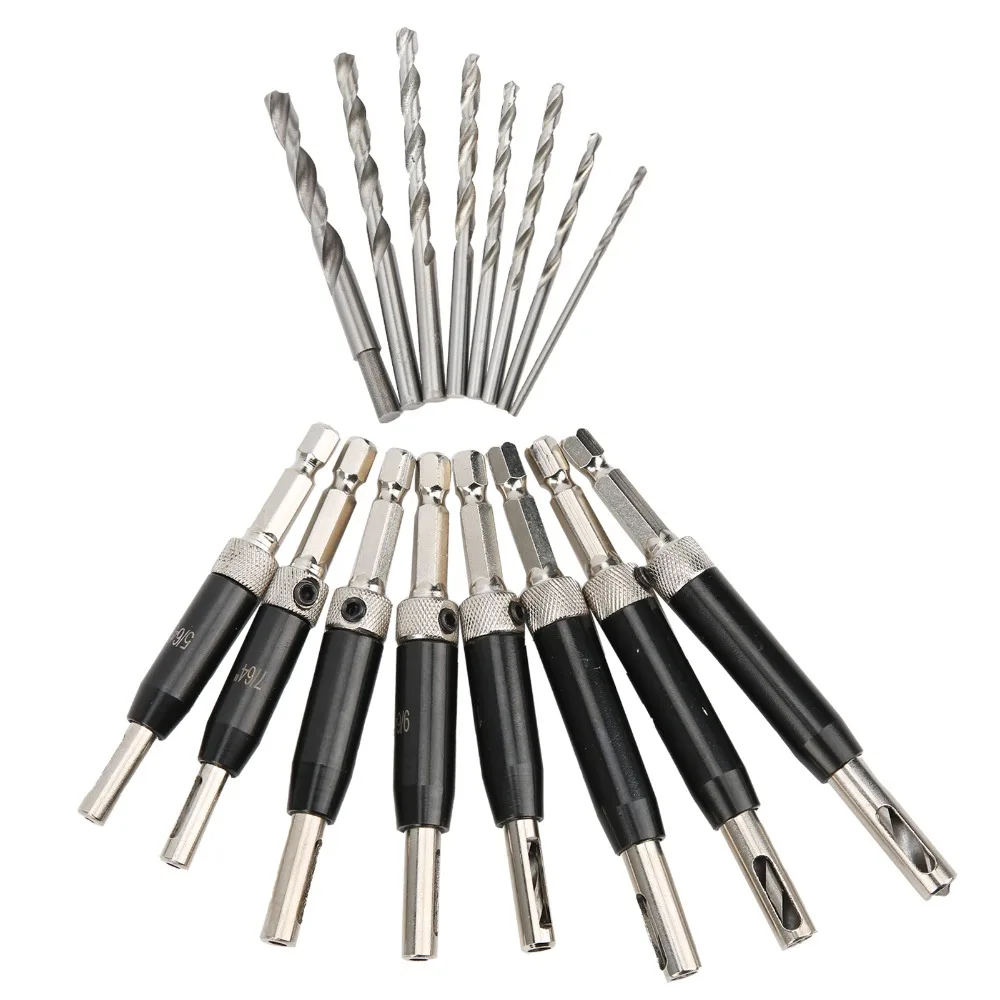 17pcs 5/64-1/4 inch Self Centering Drill Bit Hex Key Quick Change Hinge Drill Bit Hex Shank Aluminum Alloy Alignment Drill Bit