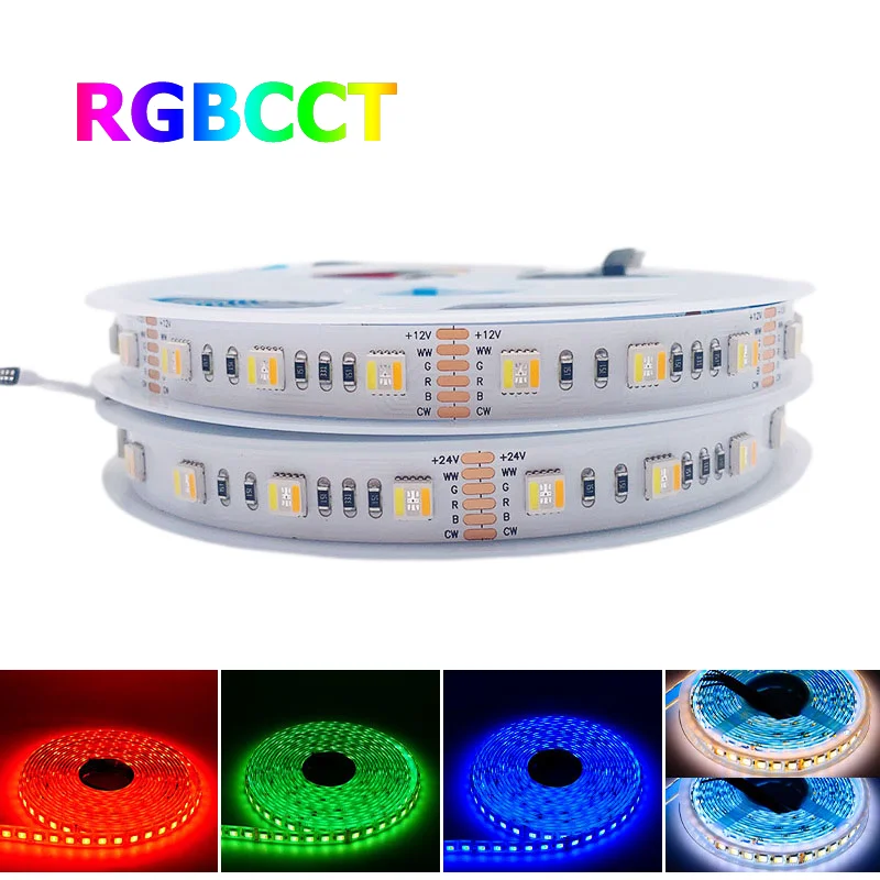 

Светодиодная лента RGBCCT 5 м, 5 цветов в 1 чипе, 12 В, 24 В, 5050, 60 светодиодов/м, RGB LED лента, 2700-6500K, гибкая лента для домашнего декора