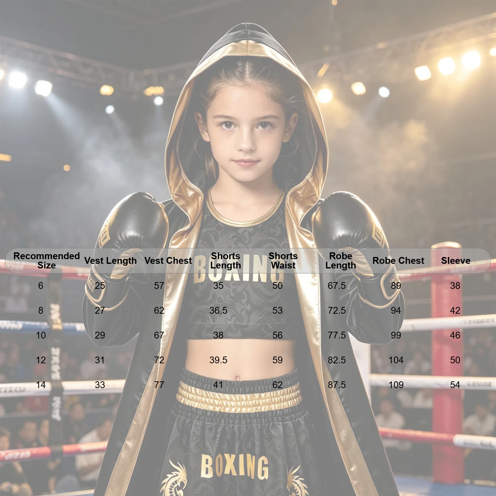 Kinder Jungen Mädchen Metallic-Verzierung Kampf-Boxoutfit mit Kapuze, Boxermantel und Gürtel, Blumenmuster-Weste mit elastischem Bund und Shorts – Detail 1