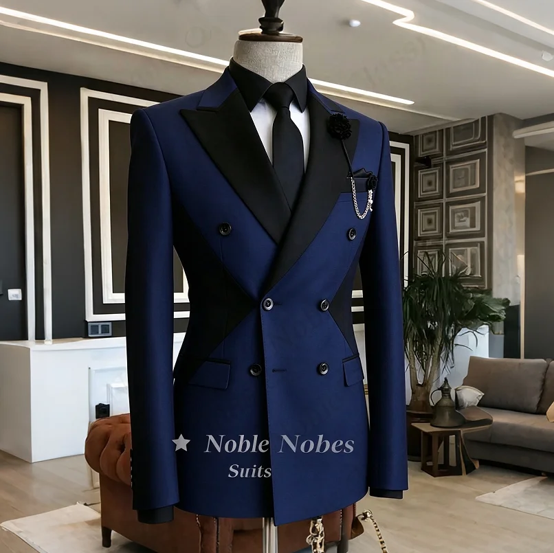 Men Coat Black White Contrast Tuxedo Jacket Peak Lapel Double Breasted Slim Fit Wedding Groom Stage Blazer Suit Customized