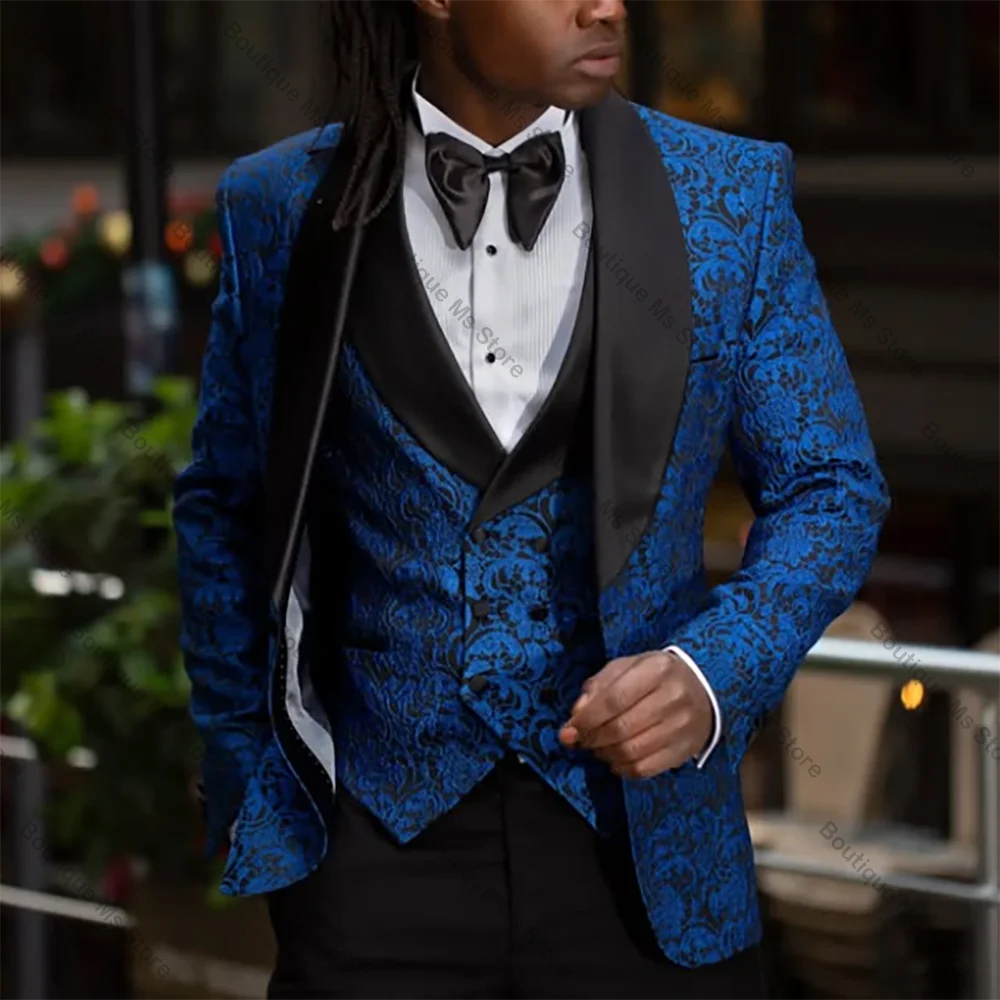 

Blue Jacquard Single-breasted Peak Lapel 3 Pieces(Jacket+Pants+Vest) Male Formal Wedding Party Set