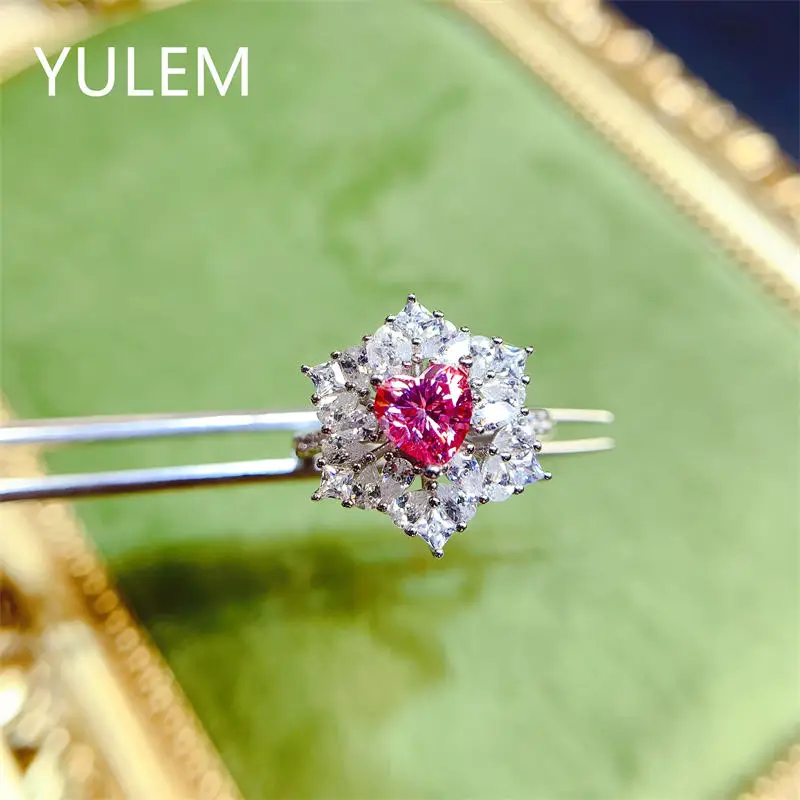 

YULEM 100% настоящие розовые кольца с муассанитом в форме сердца 1 карат с сертификатом, женские ювелирные изделия, серебро S925