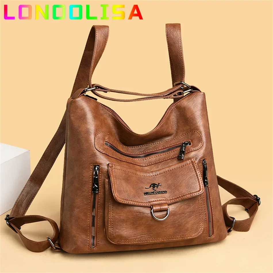 Vintage High Quality Leather Shoulder Bag Luxury Women Designer Handbag and Purse Ladies 3 In 1 Retro Backpack for Hiking Travel