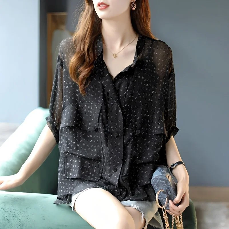 

2025 Women Clothing Chiffon Blouses Coat Short Sleeve Oversized Shirts Camisas De Mujer Letter See Through Summer Blouses Tops