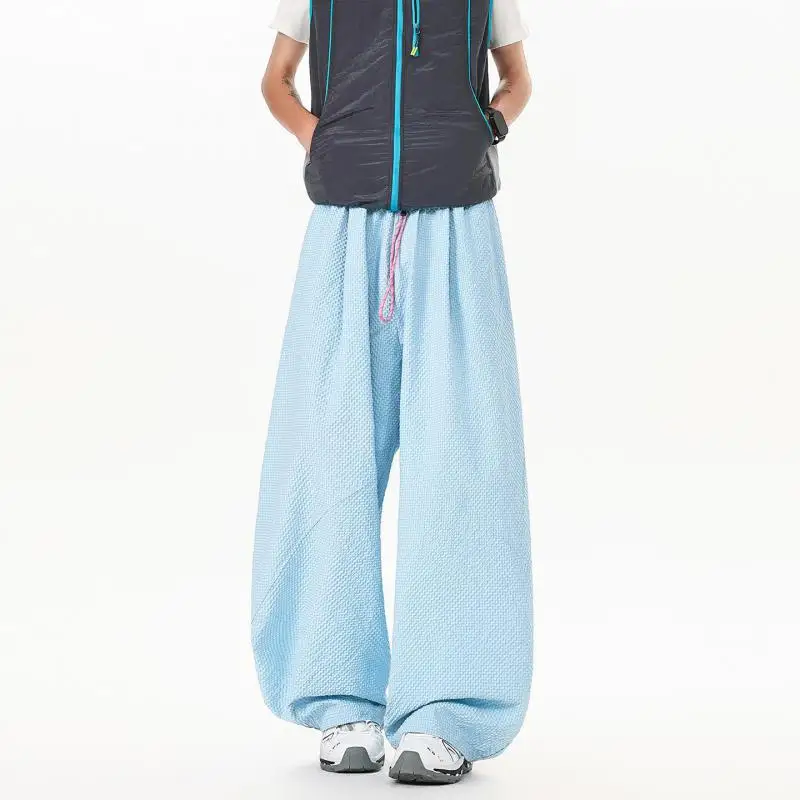 Men's Waffle Knit Wide Leg Pants Summer Bubble Texture Loose Fit Casual Trousers Drawstring Waist Breathable Long Bottoms M-5XL