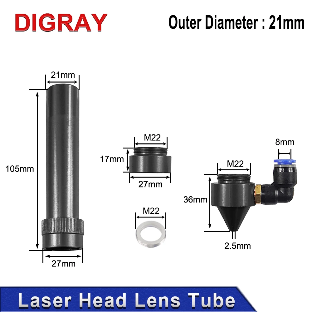 DIGRAY CO2 Laser Head Lens Tube Średnica zewnętrzna 21 mm + dysza powietrzna do obiektywu Dia.20 FL 50.8/63,5 mm do maszyny do cięcia laserowego CO2