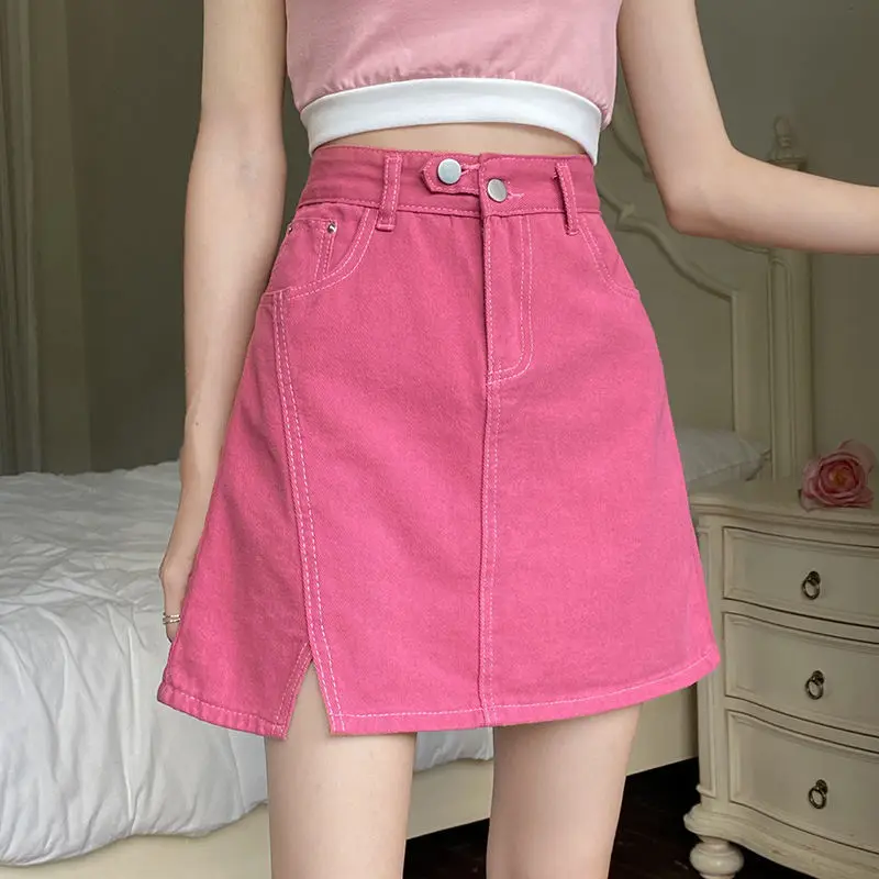 

Mini Short Jeans Skirts for Women with Slit Pink Woman Denim Skirt Vintage V Stylish Cheap Casual Chic and Elegant High Quality