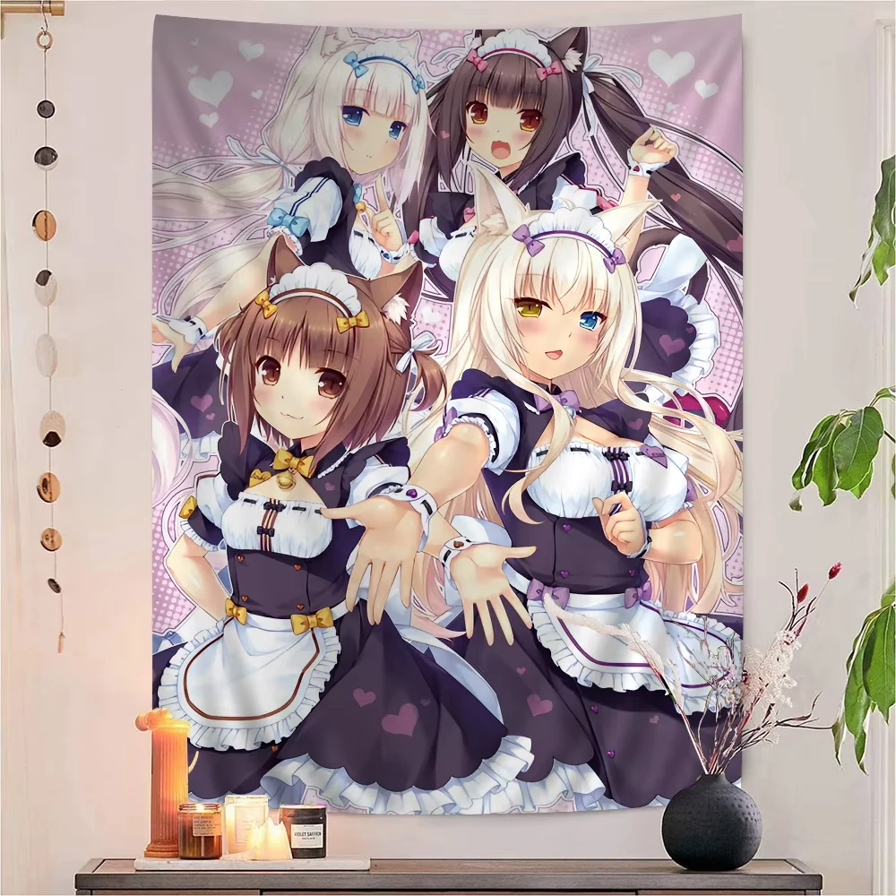 Cute Nekopara Anime Tapestry, Floral Hippie Wall Art, Print Wall Hanging for Dorm Bedroom Living Room Home Decoration