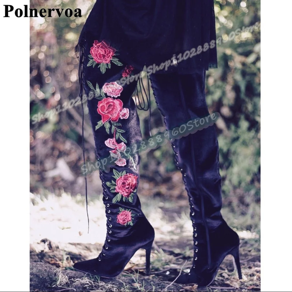

Over The Knee Cross Tied Black Suede Flower Embroidery Boots Stilettos High Heel Shoes For Women Side Zipper Pointed Toe Boots