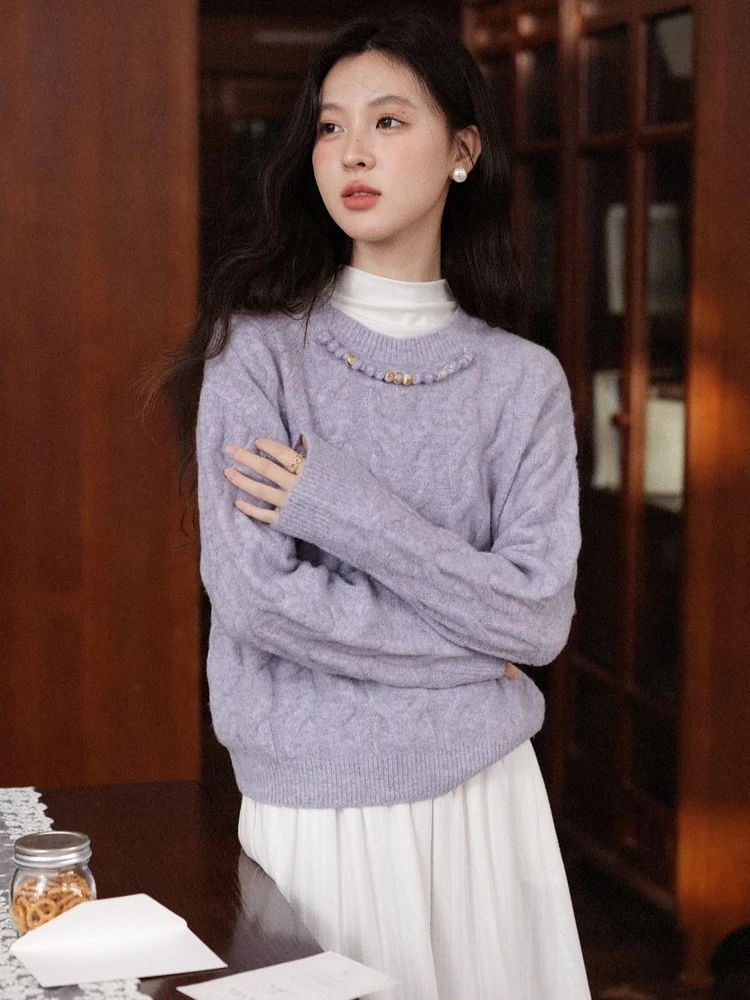 ALXNAN Truien met ronde hals Herfst Gedraaid patroon Kleurrijke kralen Losvallende damestrui Zoete zachte damesgebreide kleding L58901