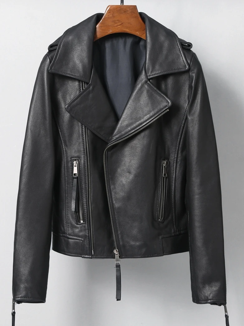 Jaqueta Feminina de Couro Genuíno de Carneiro Preta Estilo Motociclista com Zíper e Caimento Slim para o Dia a Dia