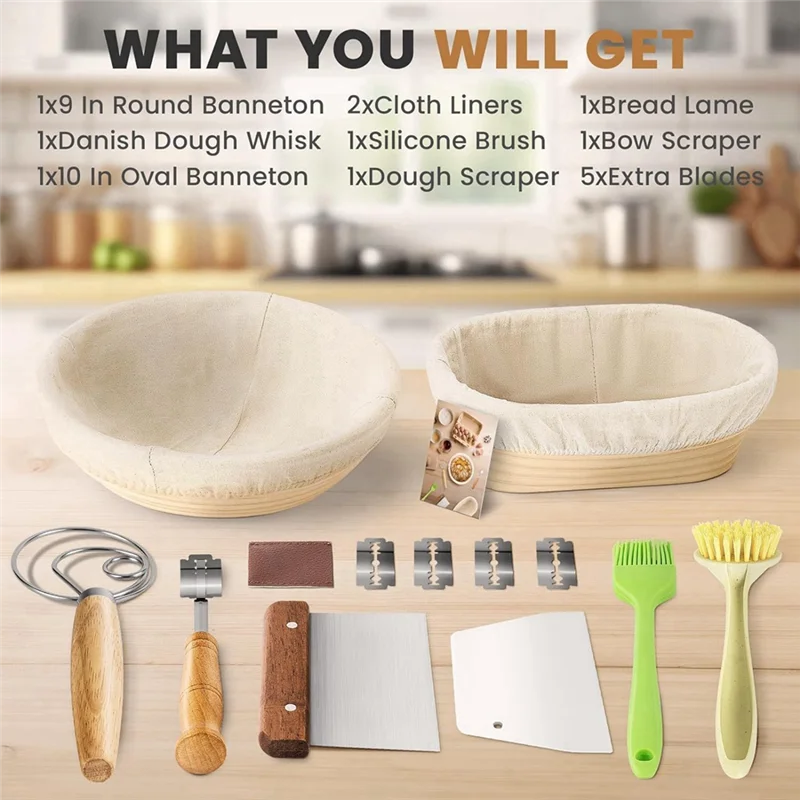 

AA81-Bread Fermentation Basket Set Oval Fermentation Basket Beater Dough Scraper Set Silicone Brush