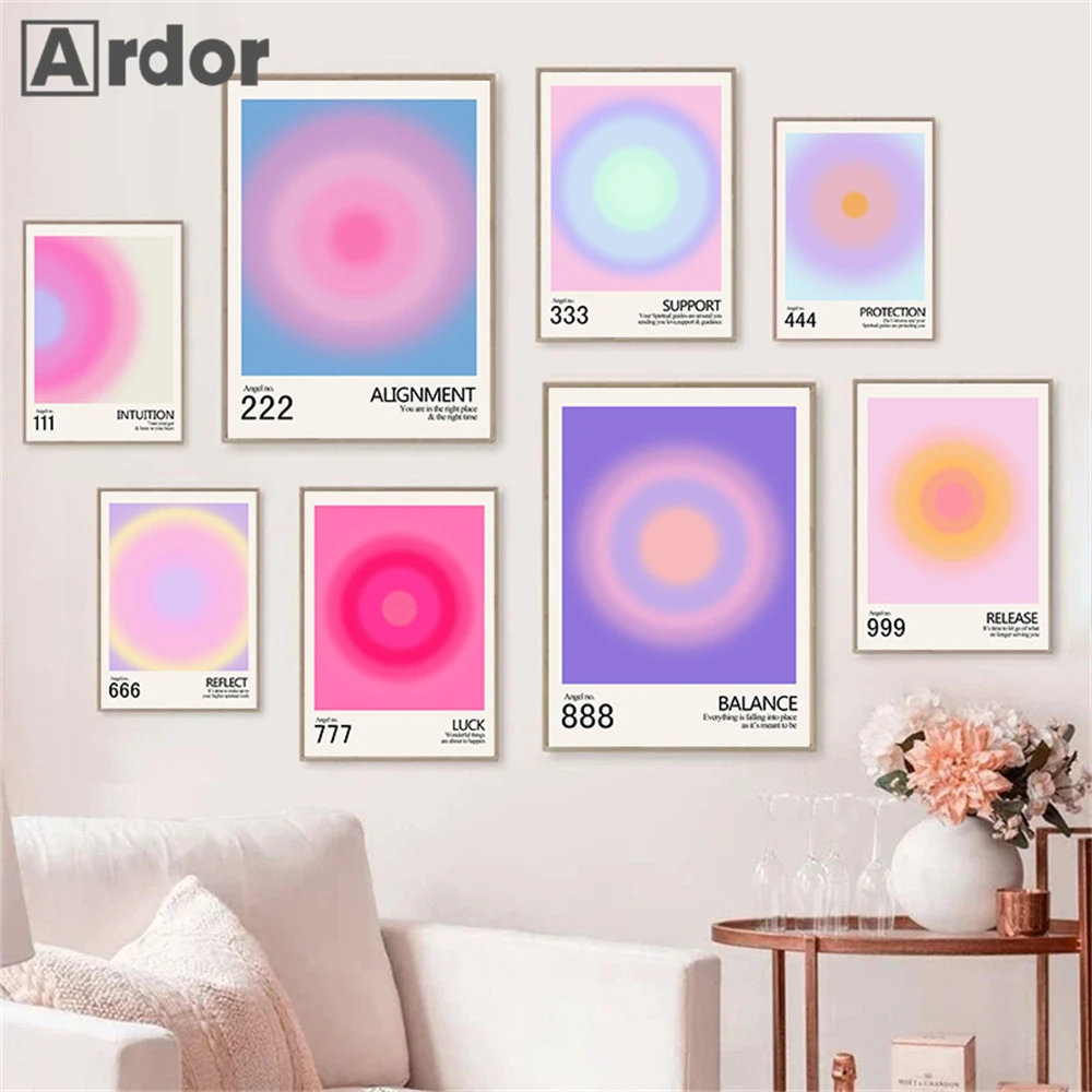 Trendy Angel Number Aura Gradient 111 222 333 444 555 666 Posters Wall Art Canvas Painting Print Picture Living Room Home Decor