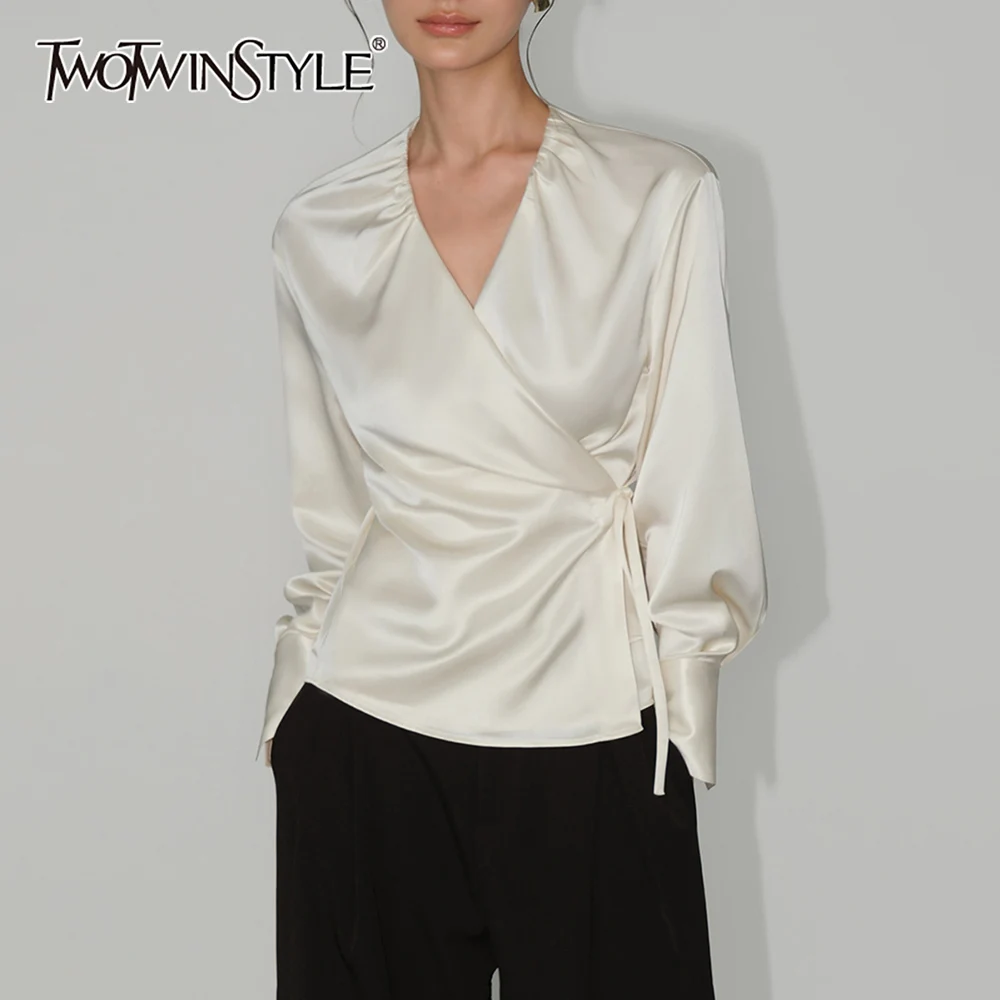 

TWOTWINSTYLE Solid Spliced Lace Up Basics Shirt Female V Neck Long Sleeve Minimalist Women's Shirts Autumn Style New Clothing