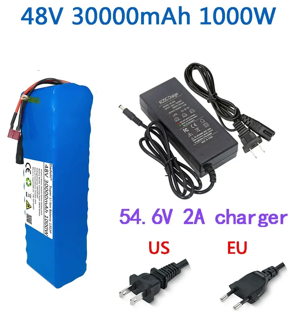 Batería d 48v para bicicletas eléctricas, batería de iones d litio 30ah 18650 1000w con enchufe en forma e T y cargador 54,6v