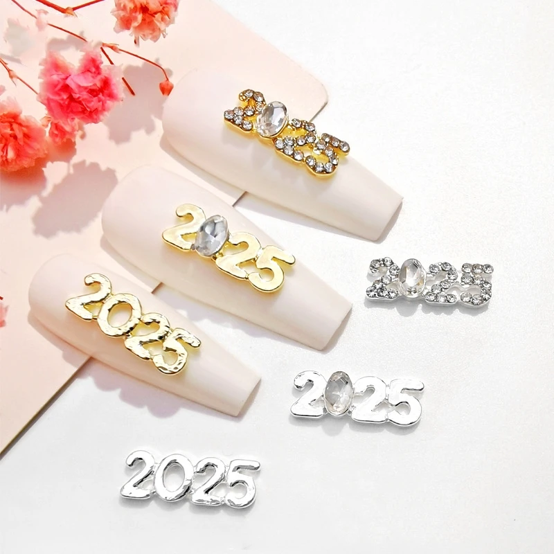 5PCS Gold Silver 2025 Design Nail Charms Jewelry Luxury Alloy Diamond Nail Art Decorations DIY 3D Luxury New Year Supplies Parts