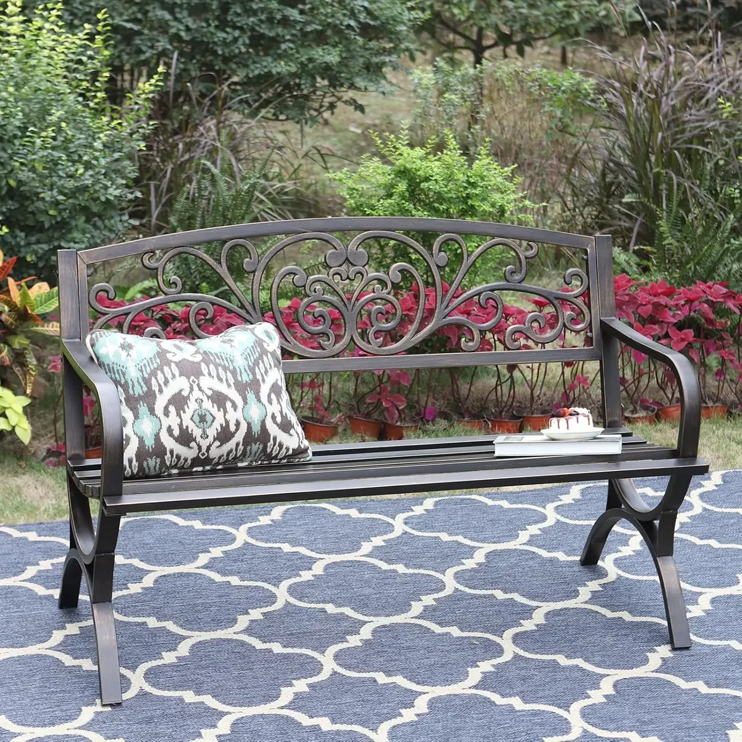 

Metal Outdoor Bench, 50" Outdoor Garden Bench Patio Park Bench, Cast Iron Park Benches for Outside with Floral Design Backrest