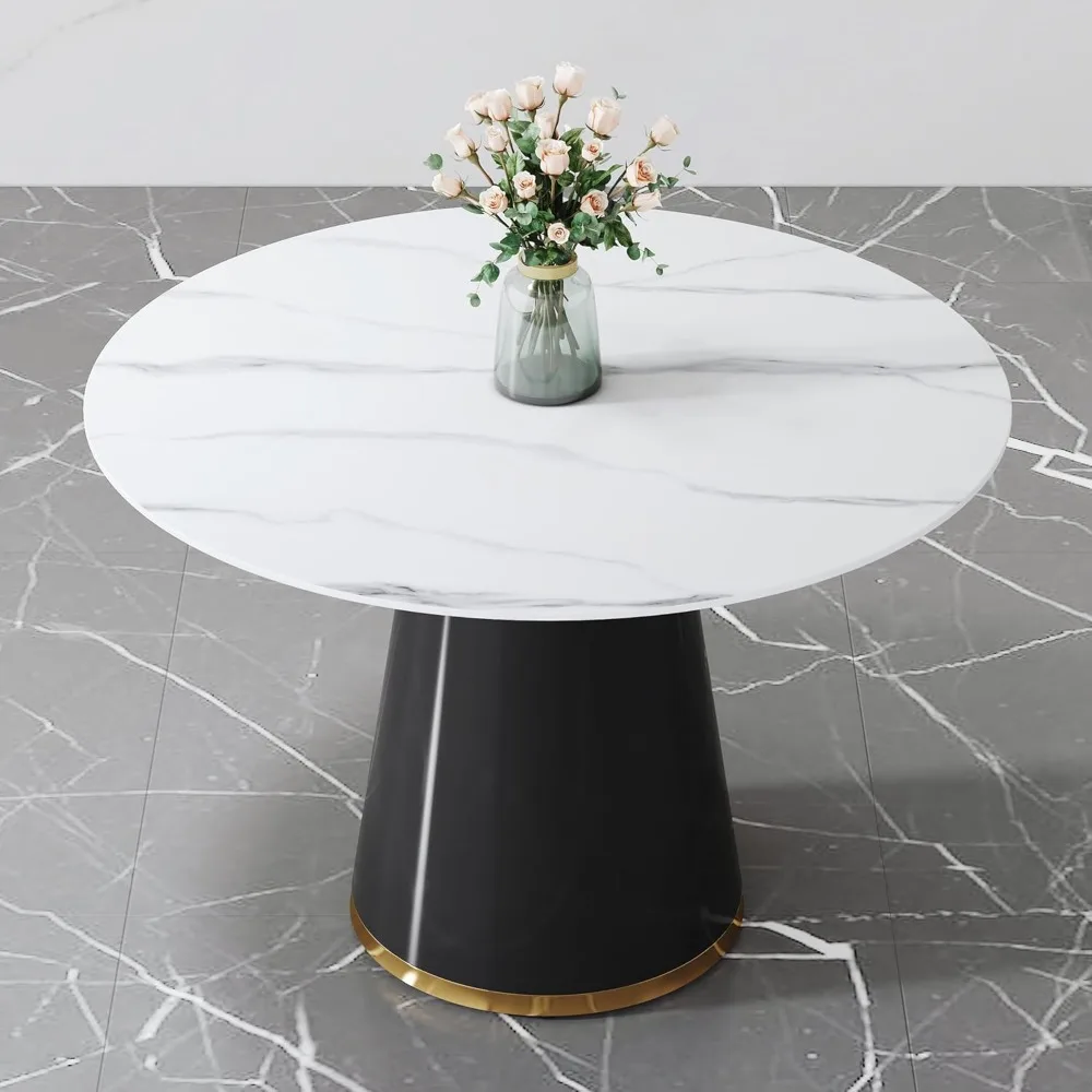 45" Round Dining Table for 4,White Marble Dining Room Table,Modern Round Dinner Table,Small Round Dining Table with Pedestal