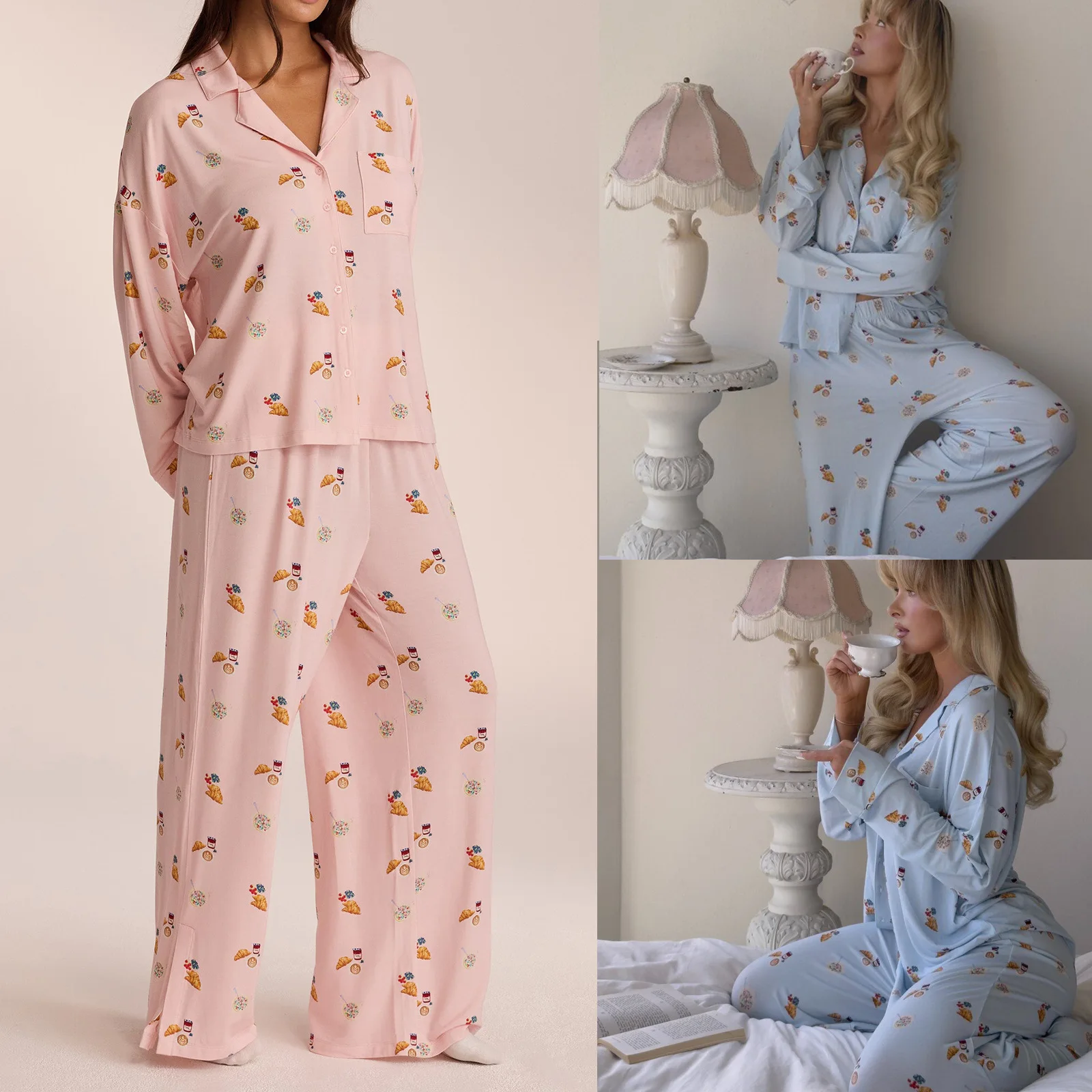 

2024 Pajamas Long Sleeve Pants Women Autumn and Winter Suit Cardigan New Loose Home Clothes Thin Home Clothes