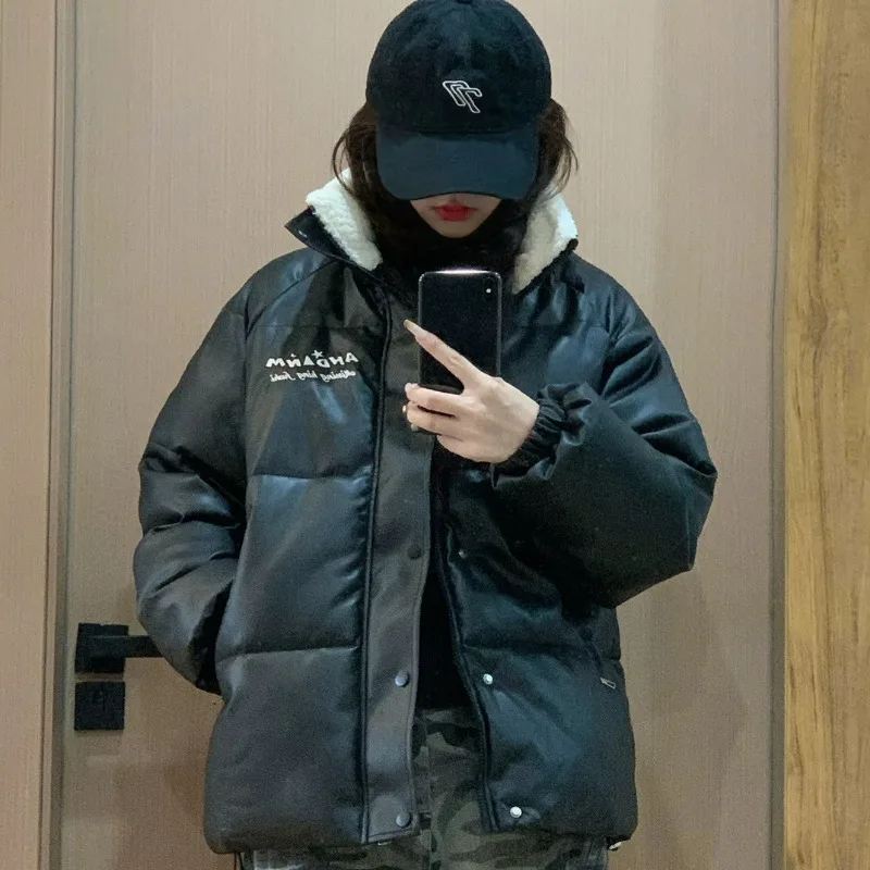 PU Leather Cotton-padded Women's Parka Coat Short 2026 New Winter Coat Female Waterproof Casual Loose Outwear