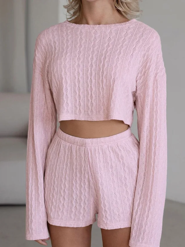 Pink Knitted Long Sleeve round Neck Pullover Sleepwear Set Comfortable Skin-friendly Women's Home Clothes Two-piece Suite