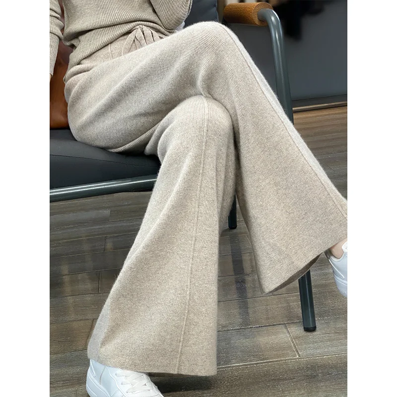 100% wool knitted wide-leg pants women\'s fall/winter mid-seam elastic high waist straight pants loose mop pants