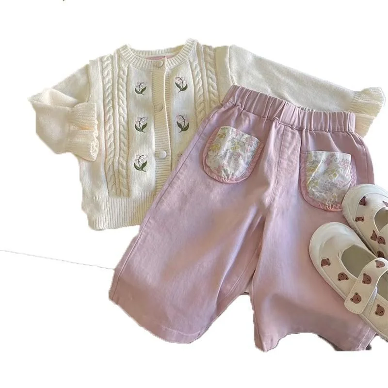 Girls Flower Pocket Pants Children\'s Clothing Pink Pants Spring Stylish Versatile Straight Leg Baby Kids Casual Trousers
