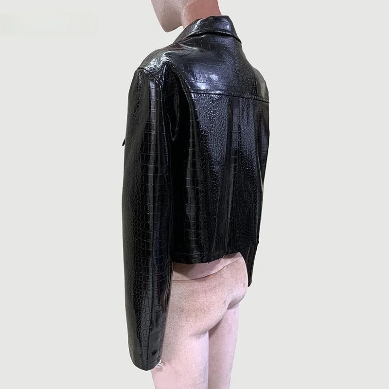 Nerazzurri Black Shiny Alligator Pattern PU Leather Jacket Women's Short Outerwear Long Sleeve Flip Collar Button Decorated Coat