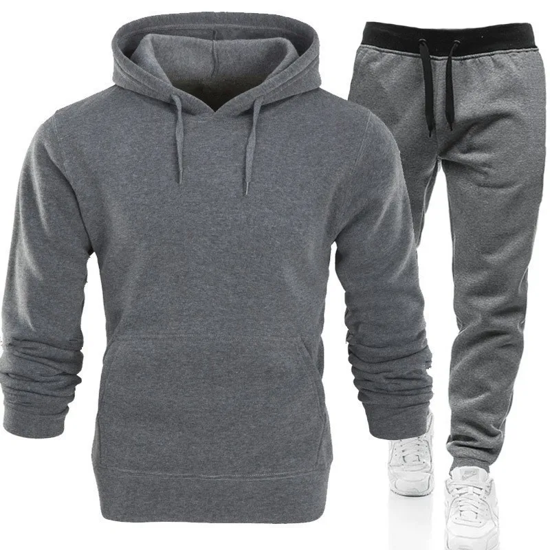 Spring Autumn Men's Sports Suits Plus Size Hoodie Set Solid Color Fashion Hooded Pullover Sweatshirt Pants Two Piece Set