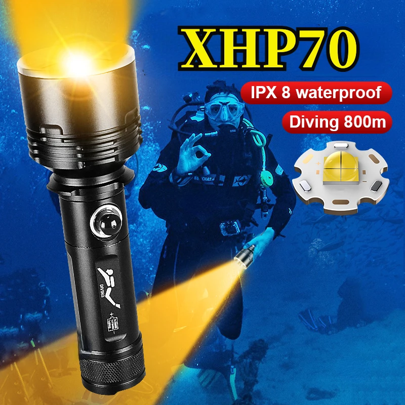 Super Bright LED Diving Flashlight XHP70 Yellow /White IPX8 Waterproof Professional Diving Torch Powered by 26650 Battery