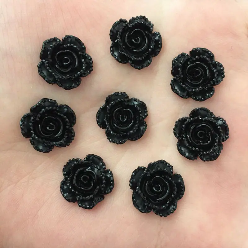 40Pcs 14mm Resin Black Rose Flatback Flower Stone Gems Scrapbook Wedding Ornaments Applique Crafts DIY SD737