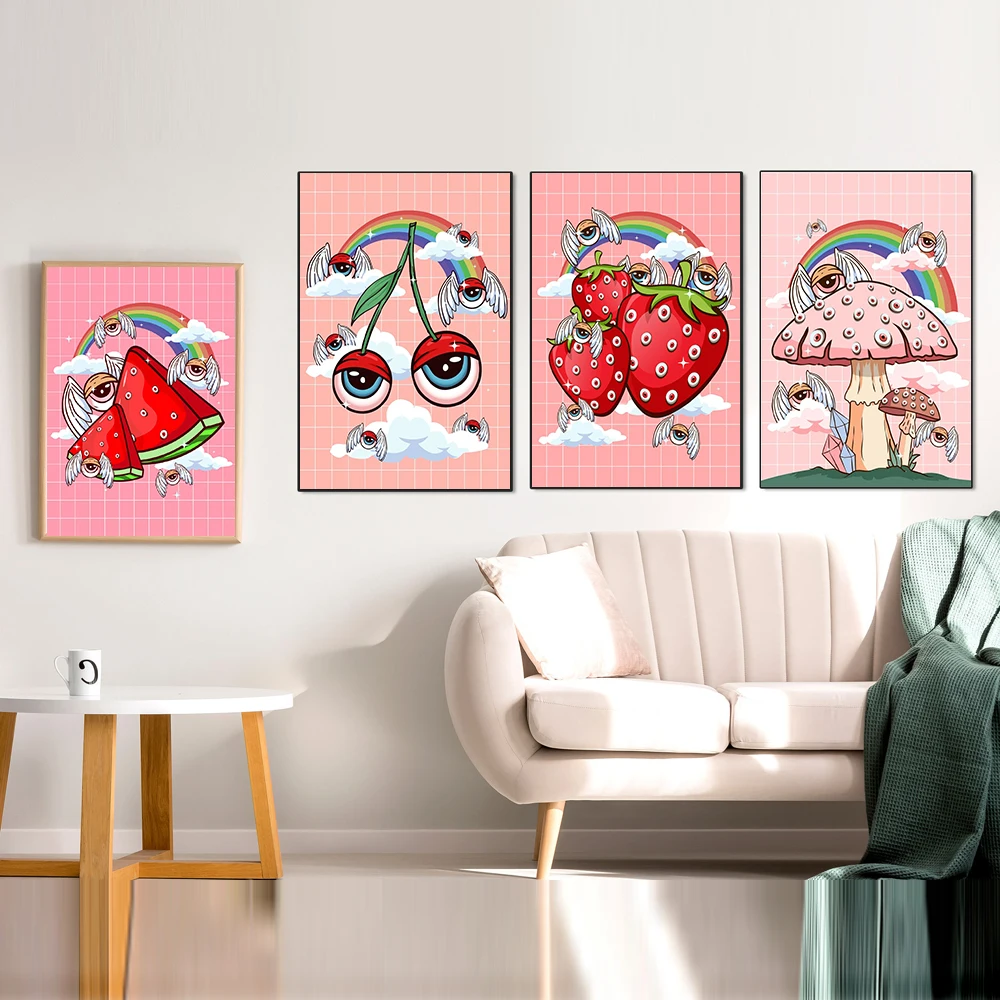 Weirdcore Eyes Cottagecore Art Prints Kawaii Cherry Lollipop Watermelon Food Canvas Painting Pink Aesthetic Wall Art Pictures