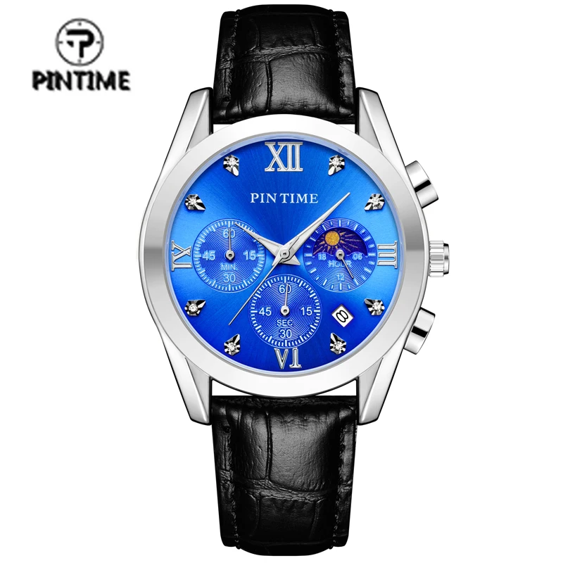 PINTIME Top Brand Men Leisure Quartz Watch Moon Phase Dial Leather Strap Polished Stopwatch Waterproof  Chronometer Popular Item