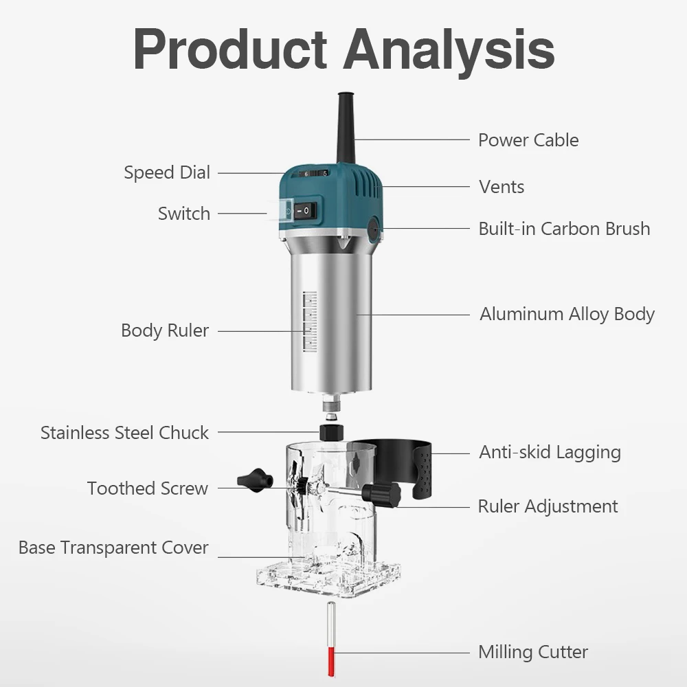 800w 30000rpm Woodworking Electric Trimmer Wood Router Tool Machines Power Carpentry Manual Trimmer Tools With Milling Cutter