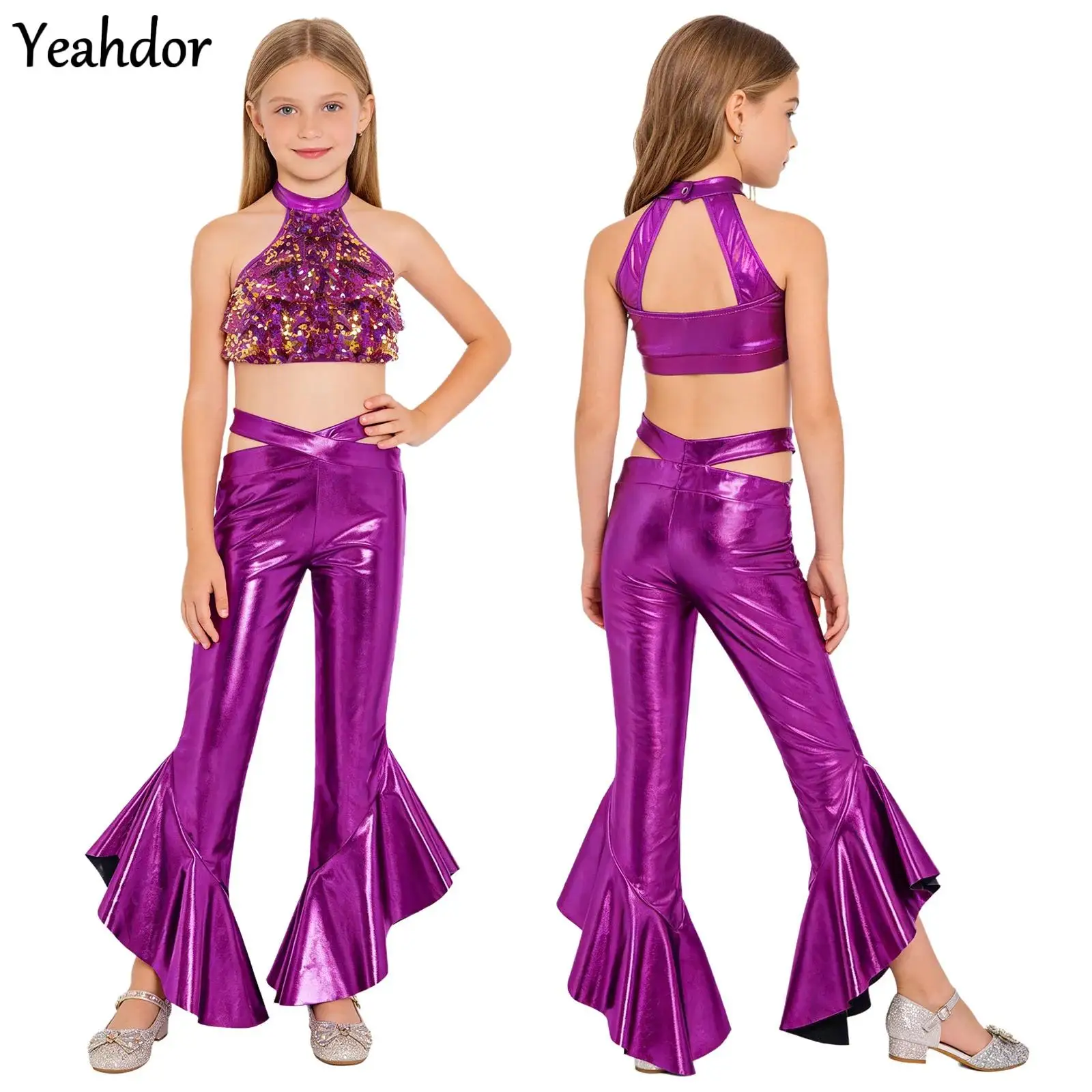 

Kids Girls 70S Disco Hippie Costume Jazz Hip-hop Dance Outfit Shiny Sequin Tiered Backless Crop Top with Ruffles Flared Pants