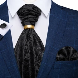 DiBanGu Mne's Black Paisley Ascot with Gold Ring Pocket Square Cufflinks Luxury Wedding Party Unique Cravat corbatas para hombr