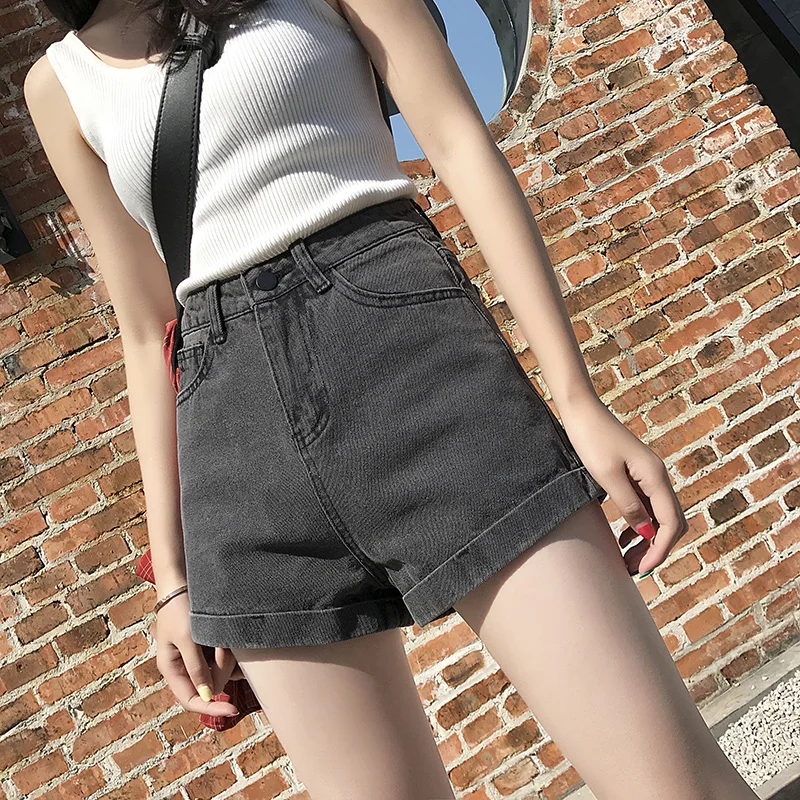 

High Waist Black Grey Denim Shorts Women Summer Korean Version Slimming Sexy Hot Pants A-Line Wide Leg Pants Outerwear