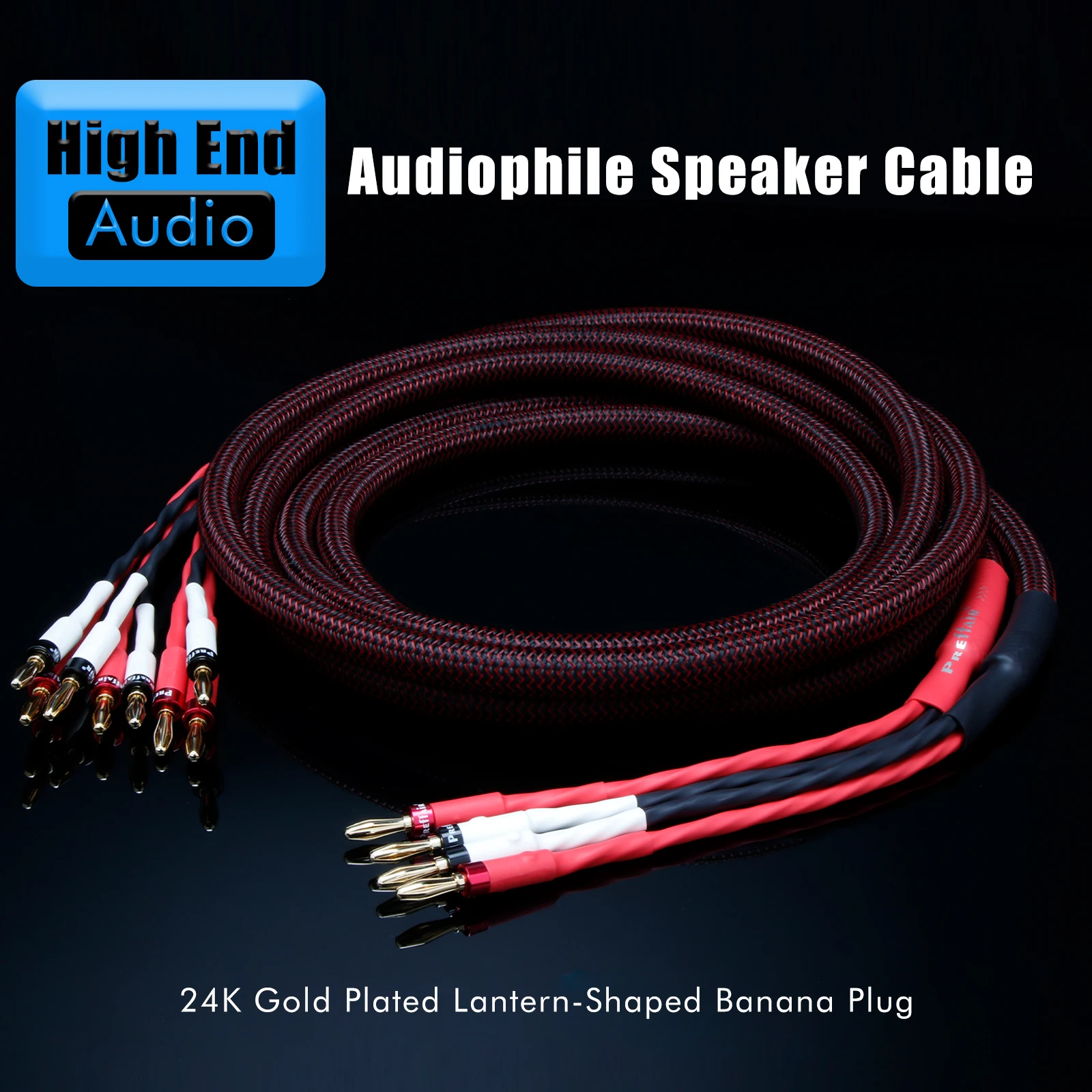 Preffair hi-fi OFC 2 to 4 Speaker Cable with 24k Gold -plated banana plug for Bi-wiring loudspeaker binding posts for amplifier
