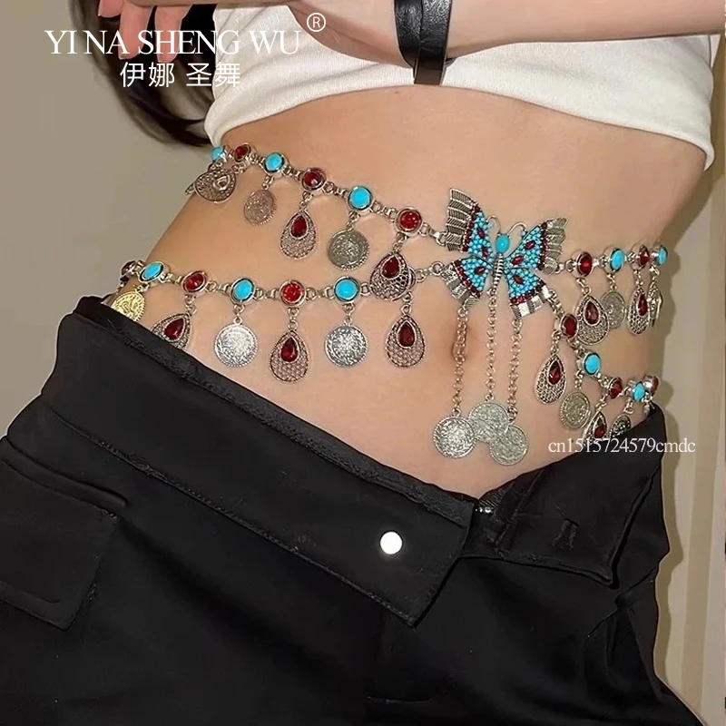 Monedas de aleación Vintage, cadenas largas con borlas para la cintura, accesorios para actuación de danza del vientre, cinturones de danza india, joyería Bohemia Vintage para el cuerpo