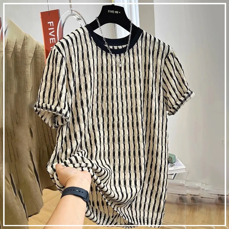 Summer Western Style Simple and Versatile Thin Round Neck Hollow Stripe Casual Loose Oversized Short Sleeve T-shirt for Women