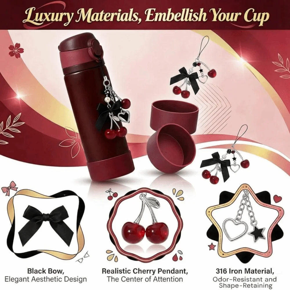 2PCS Black Cherry Charm & Bow Silicone Boot for Owala 24/30/32/40oz,1pc Perfect Water Bottles Accessories Set Pendant for Owala