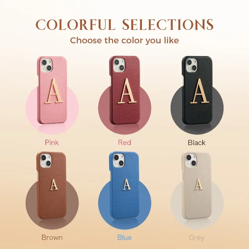 Custom Name Metal Letter Genuine Leather Phone Case for Iphone 16 15 14 Pro Max 16plus Simple Design Protector Cover