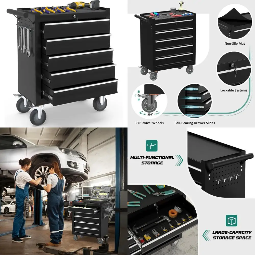 Caja de herramientas portátil con ruedas de 5 cajones, sistema de bloqueo con llave y revestimientos de cajones para almacenamiento y organización de herramientas definitivas