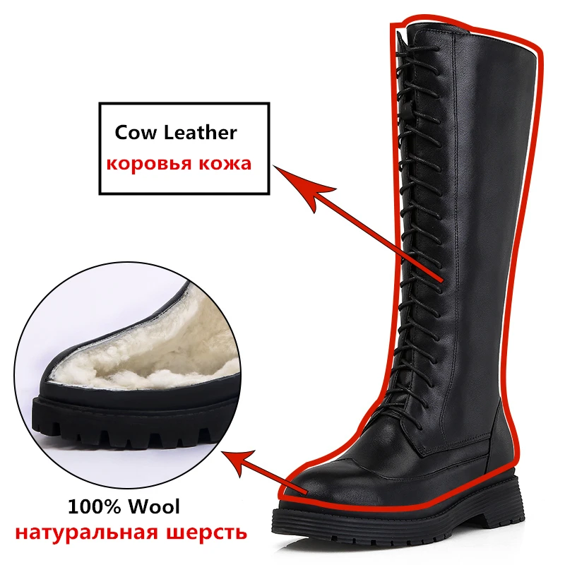 MORAZORA Plus Size 35-43 New Genuine Leather Boots Nature Wool Knee High Boots Women Fashion Platform Warm Winter Snow Boots