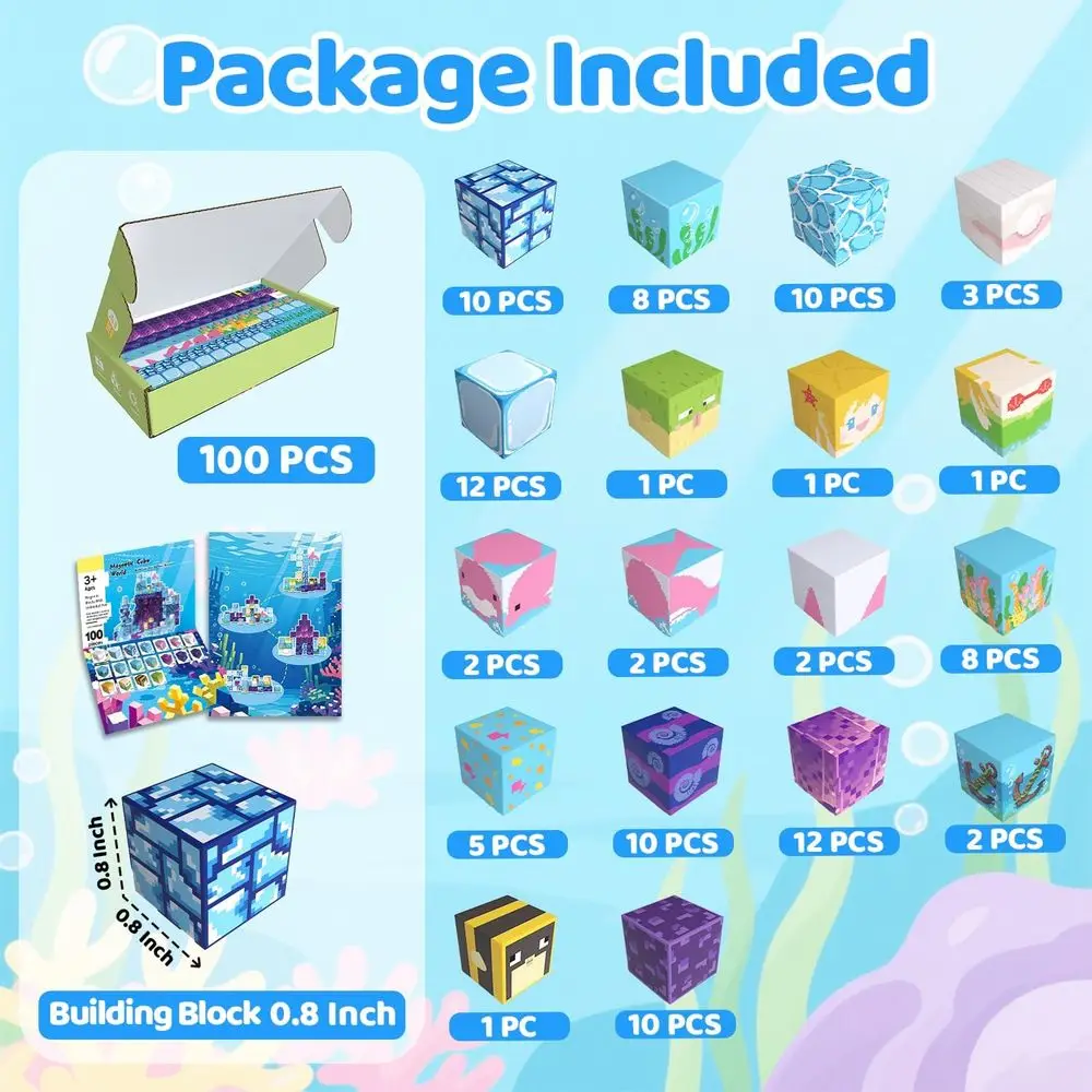 100개 자석 블록 세트, 3세 이상 어린이를 위한 교육용 STEM 장난감, 이상적인 크리스마스 또는 생일 선물 (해양 세계)