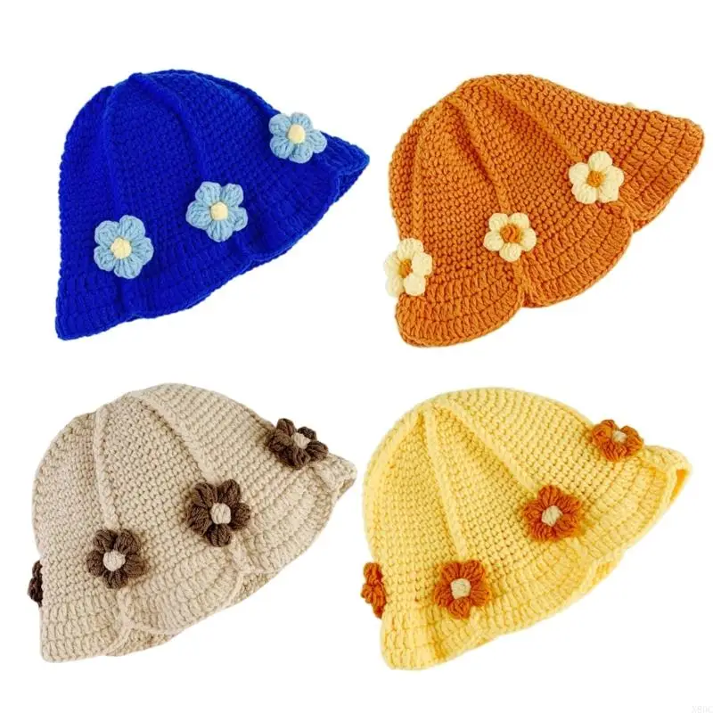 N80C Stylish Bucket Autumn Winter Warm Knit Kids Fisherman Hat Hand-hooked Basin Birthday Gift for Children