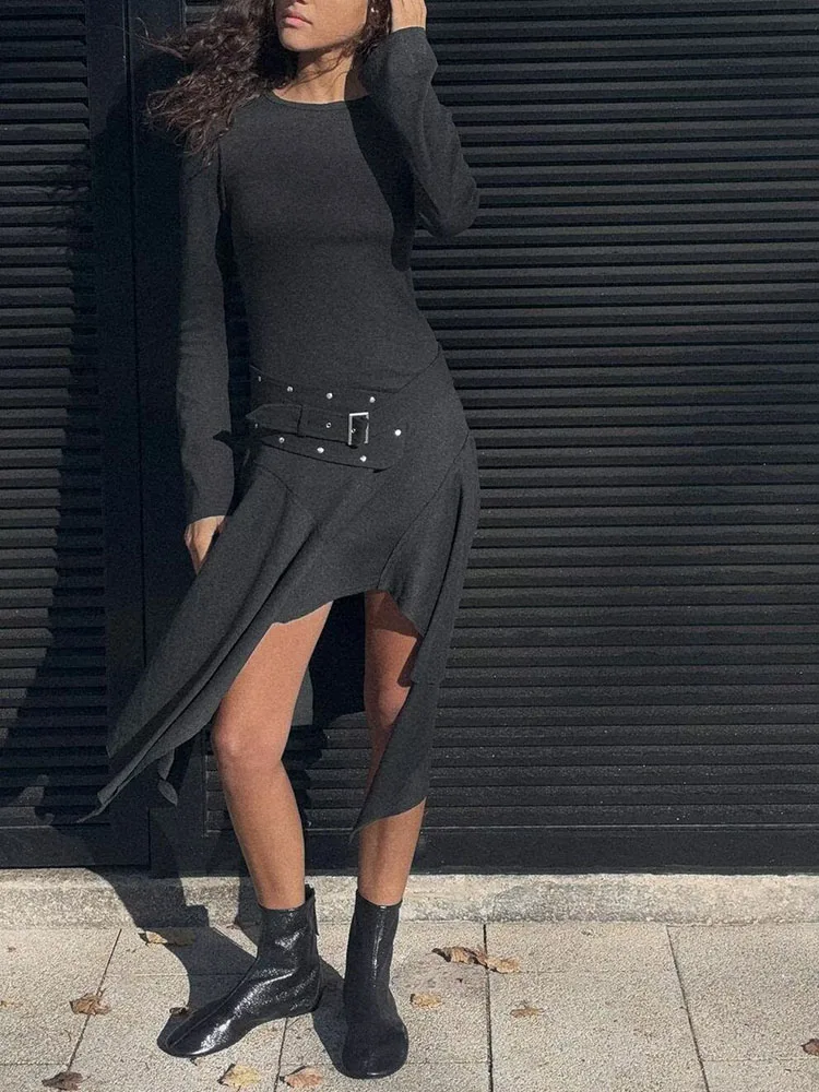 เดรสยาวปานกลางทรงเอ ไม่สมมาตร รุ่นใหม่ล่าสุดสำหรับผู้หญิง แฟชั่นฤดูหนาว 2025 เอวสูง