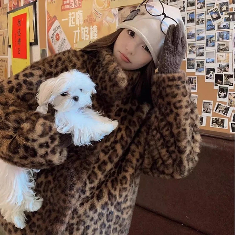 Dámské kabáty z umělé kožešiny s leopardím vzorem, vintage Y2K streetwear, chlupatá bunda s dlouhým rukávem, fešák, podzimní a zimní svrchní oblečení - náhled 6